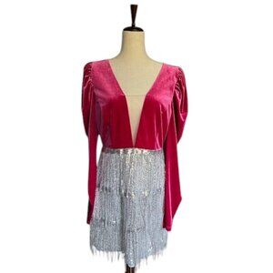 Double Crazy Dress Pink Magenta Puff Long Sleeve Sequin Fringe V Neck Large NWOT